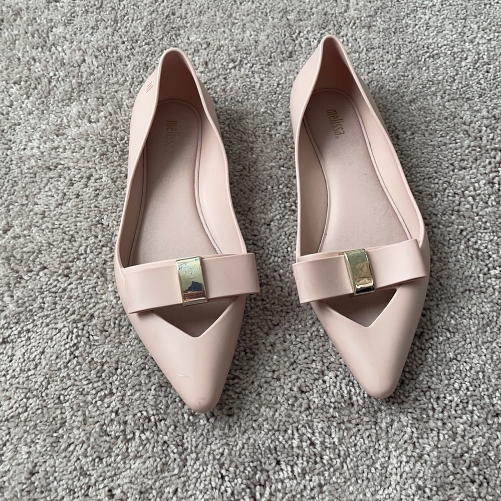 Melissa pointed toe pink and gold bow